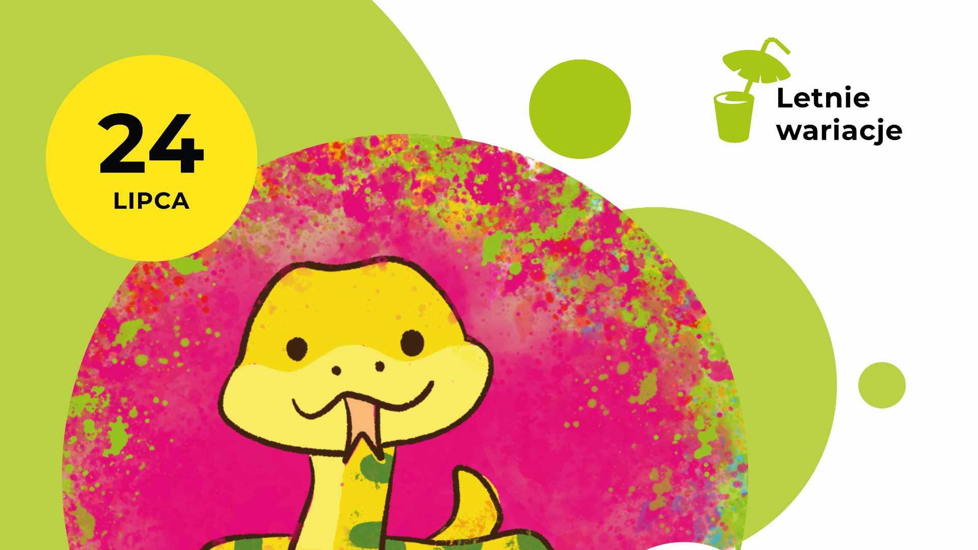 Fragment plakatu z ilustracją żółto-zielonego węża na różowym tle (Canva).