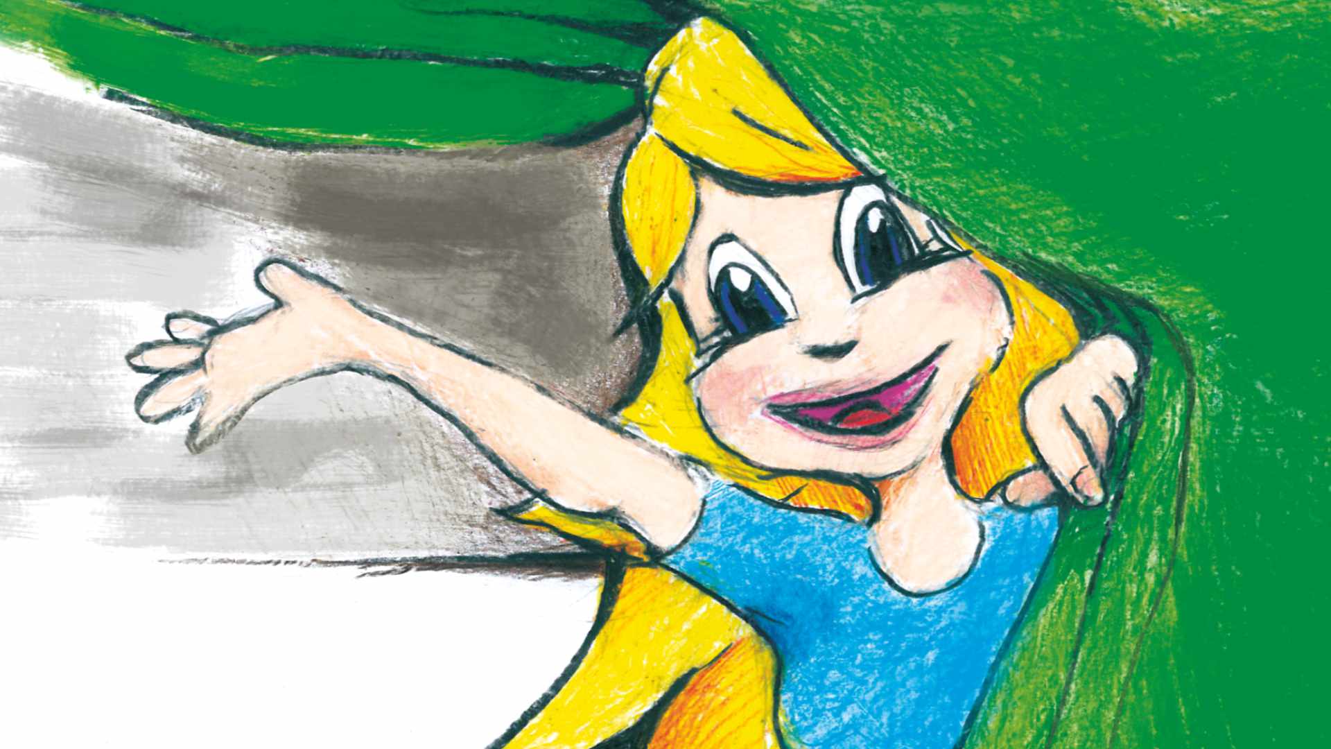 Rysunek uśmiechniętej żółtowłosej dziewczynki odsuwającej ręką zieloną kurtynę i zapraszającej na spektakl.