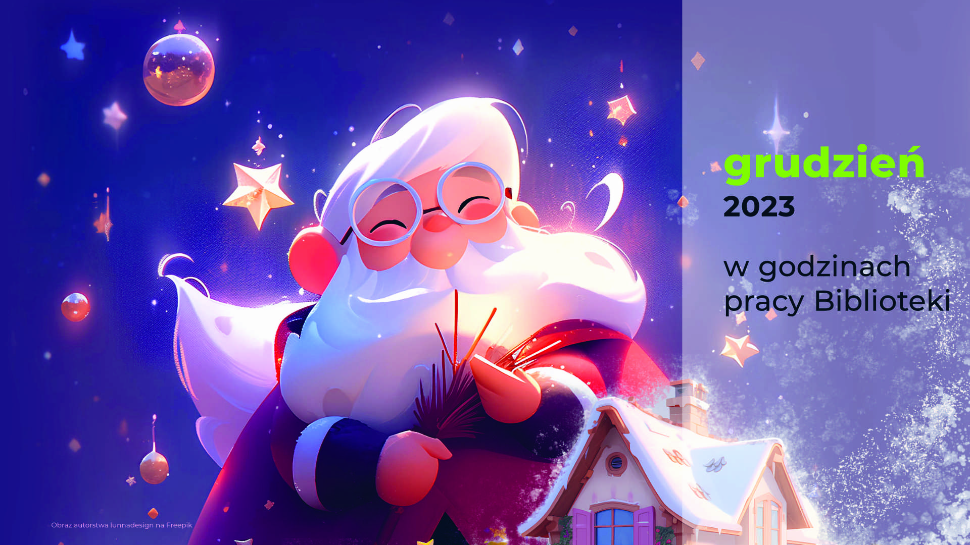 Kolaż obrazów autorstwa lunnadesign na Freepik przedstawiający św. Mikołaja z ośnieżonym domem i choinką