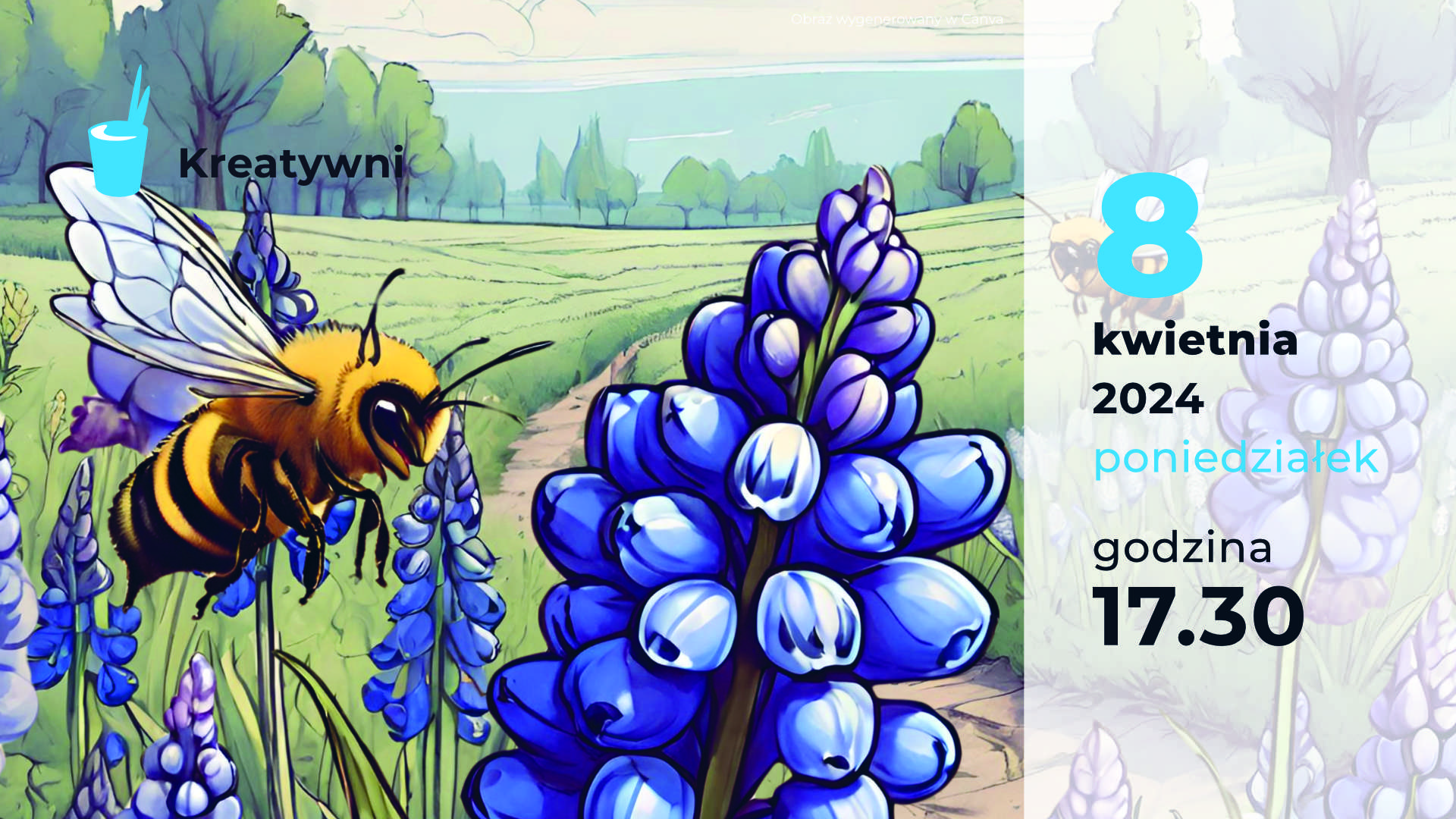 Pszczółka lata nad niebieskimi szafirkami (Obraz wygenerowany w Canva)