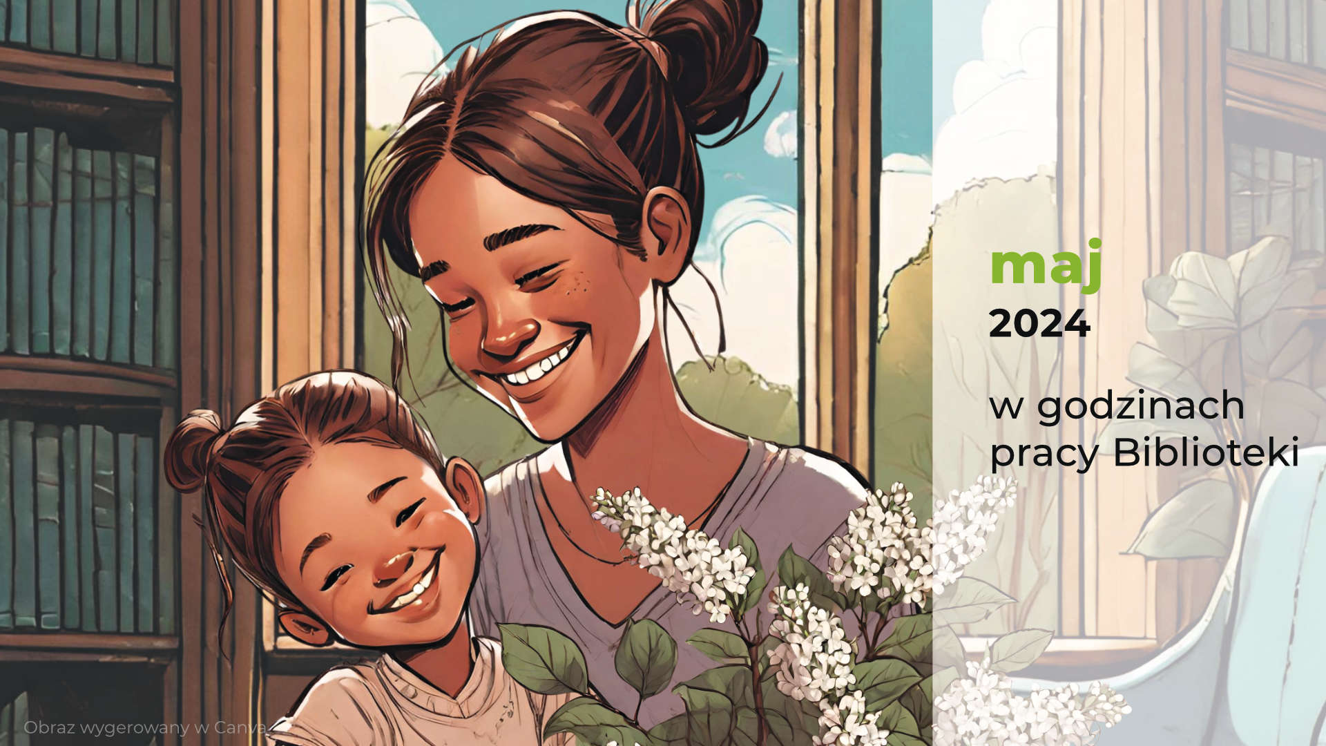 Fragment plakatu z grafiką przedstawiającą matkę z uśmiechniętym dzieckiem w bibliotece (Obraz wygenerowany w Canva)
