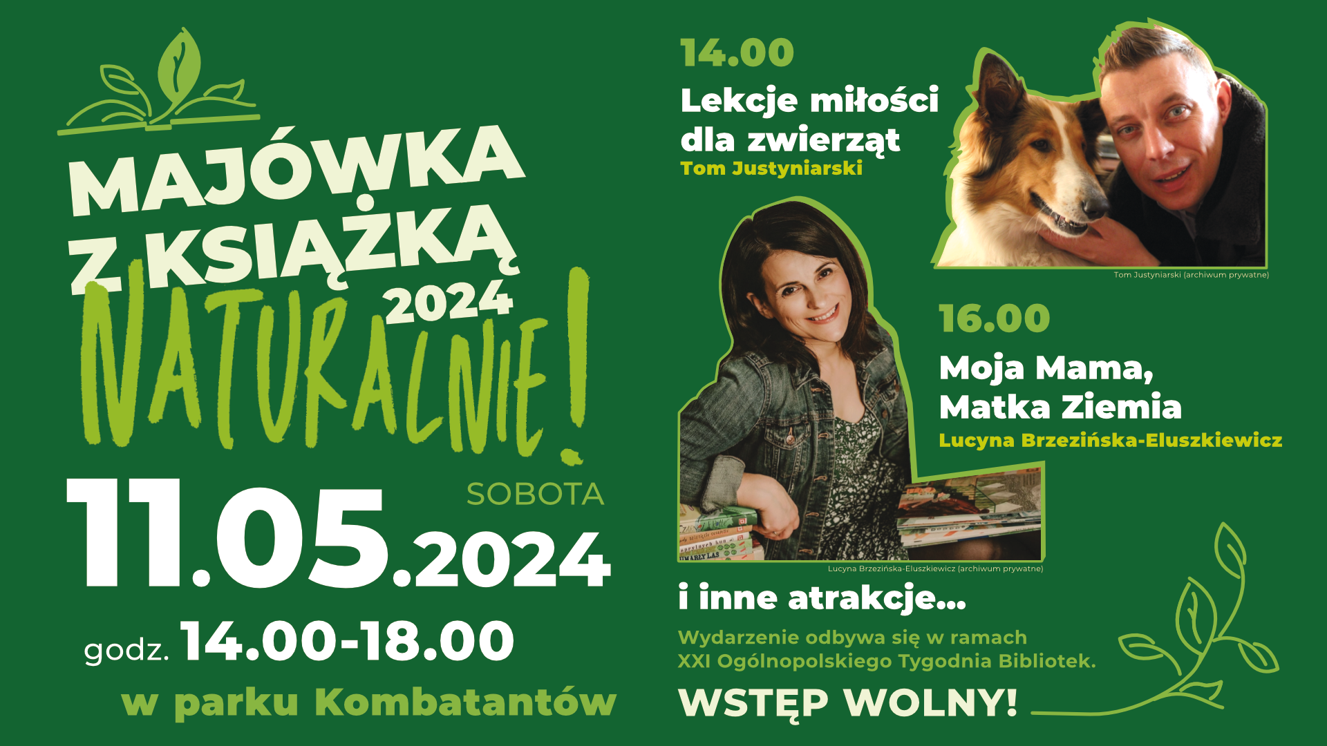 Zielona grafika z fotografiami zaproszonych gości: Toma Justyniarskiego i Lucyny Brzezińskiej-Eluszkiewicz (fot. z archiwów prywatnych autorów)
